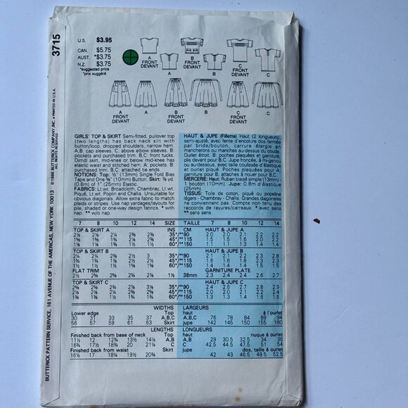 Butterick Pattern 3715 Girls Top & Skirt - Picture 2 of 2
